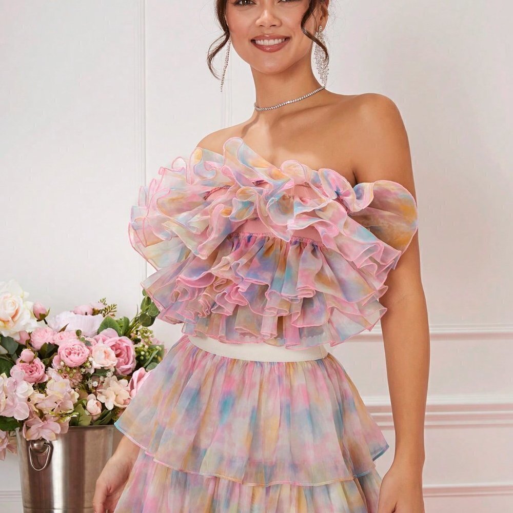 Pink PreppyWomens Summer Blurred Floral Layered Ruffle Top - Picture 4 of 5